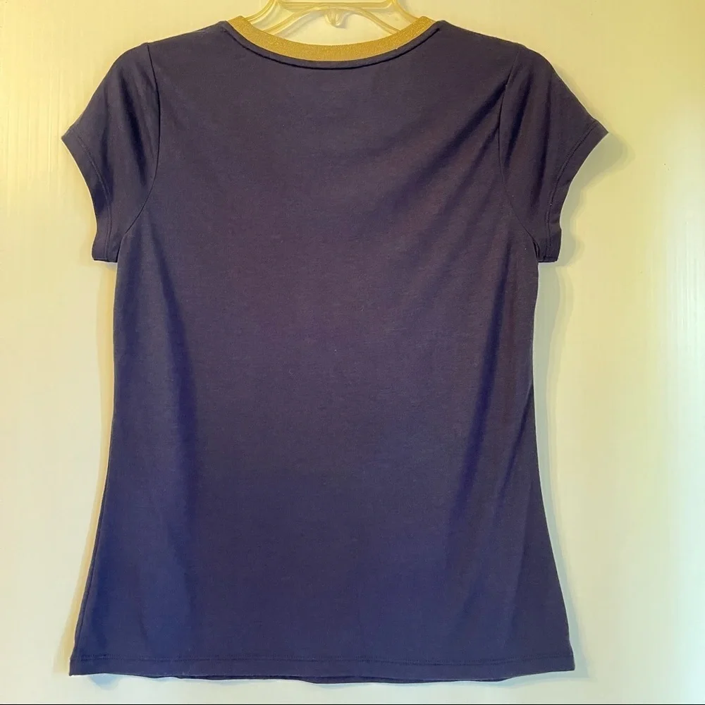 Michael Kors Navy Cotton T-Shirt Gold Trim Crew Neck Logo Top Sz Sm